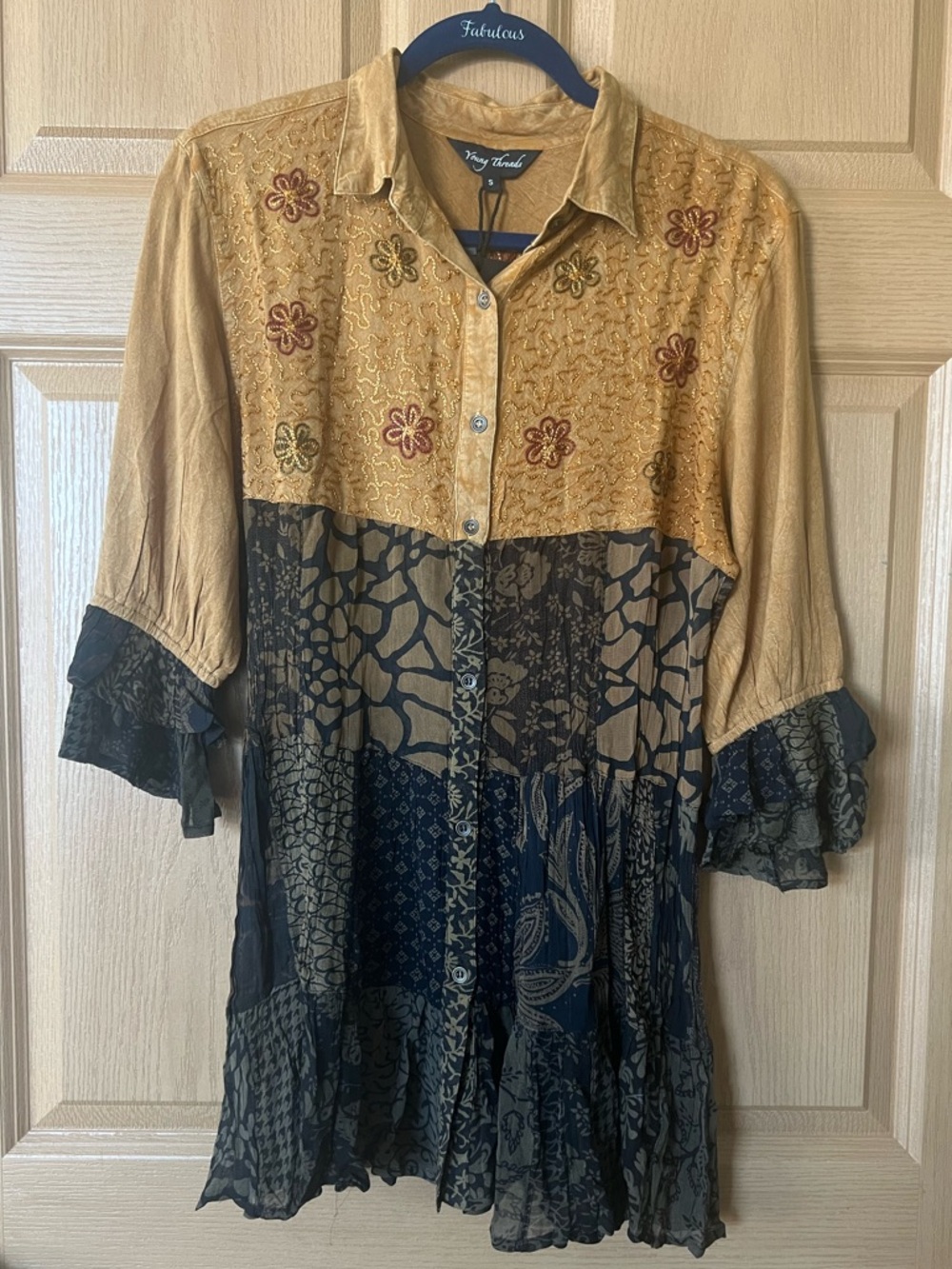 NWT Boho Vibes Dress w/ Beautiful Embroidery in Mixed-Print Pattern $90